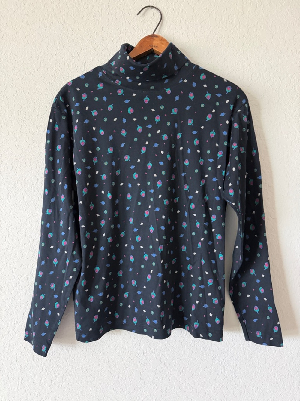 L.L. Bean Black Turtleneck Floral Print Top